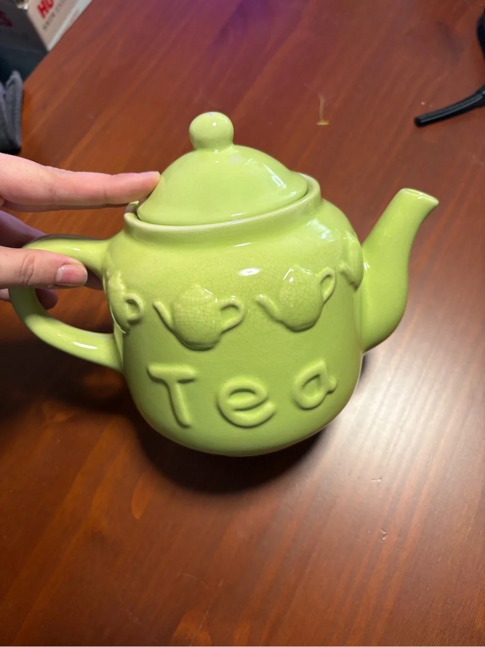 *Rare* Green Ceramic 'Tea' Teapot with Embossed Teapot Motif